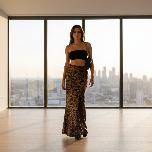 Exclusive Women's Leopard Print Mermaid Maxi Skirt ? Fitted Bodycon Long Skirt Streetwear ? Leopard Print ? Size S ? Back View