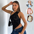 Exclusive Women's Lace Backless Asymmetric Neck Vest Top ? Solid Colour Sleeveless Streetwear ? Black ? Size S ? Front View
