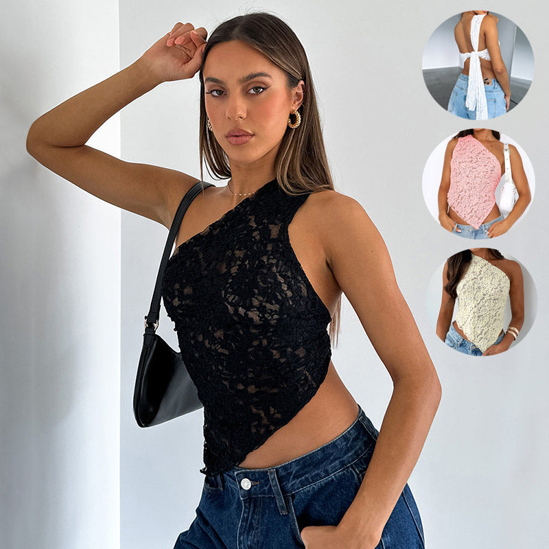 Exclusive Women's Lace Backless Asymmetric Neck Vest Top ? Solid Colour Sleeveless Streetwear ? Black ? Size S ? Front View