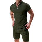 Exclusive Men's 2-Piece Waffle Zipper Lapel Top & Drawstring Shorts Set ? Summer Casual Suit ? White ? Size M ? Back View