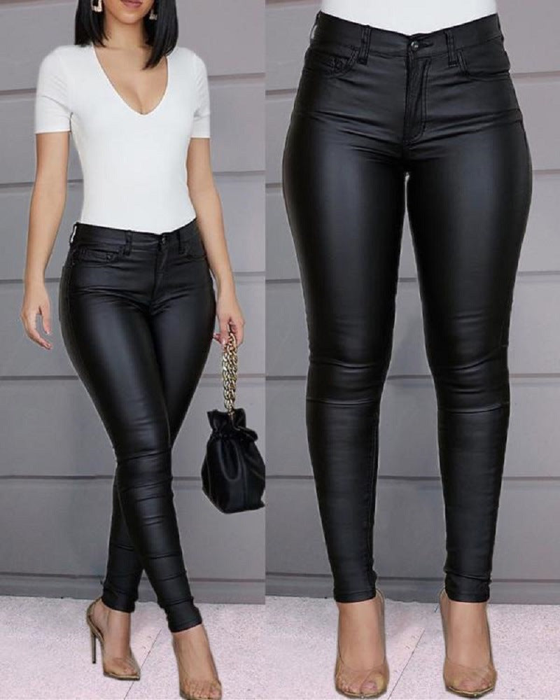 Exclusive Women's High Waist PU Leather Skinny Trousers ? Sexy Pencil Pants with Zip Detail ? Black ? Size S ? Side View