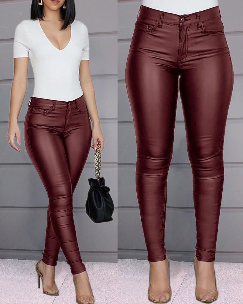 Exclusive Women's High Waist PU Leather Skinny Trousers ? Sexy Pencil Pants with Zip Detail ? Black ? Size S ? Top View