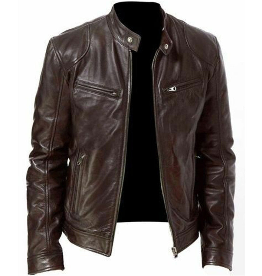 Exclusive Men's PU Leather Jacket ? Zip-Up Cardigan Style with Patch Pockets ? Khaki ? Size S ? Side View