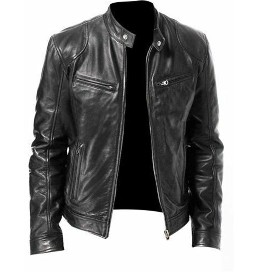 Exclusive Men's PU Leather Jacket ? Zip-Up Cardigan Style with Patch Pockets ? Khaki ? Size S ? Back View