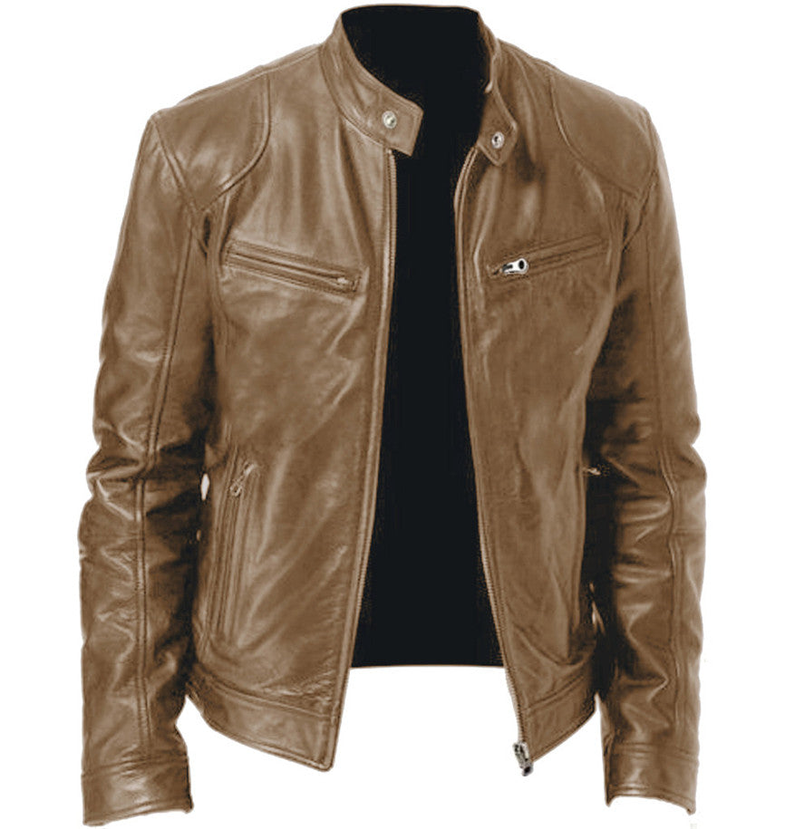 Exclusive Men's PU Leather Jacket ? Zip-Up Cardigan Style with Patch Pockets ? Khaki ? Size S ? Detail View