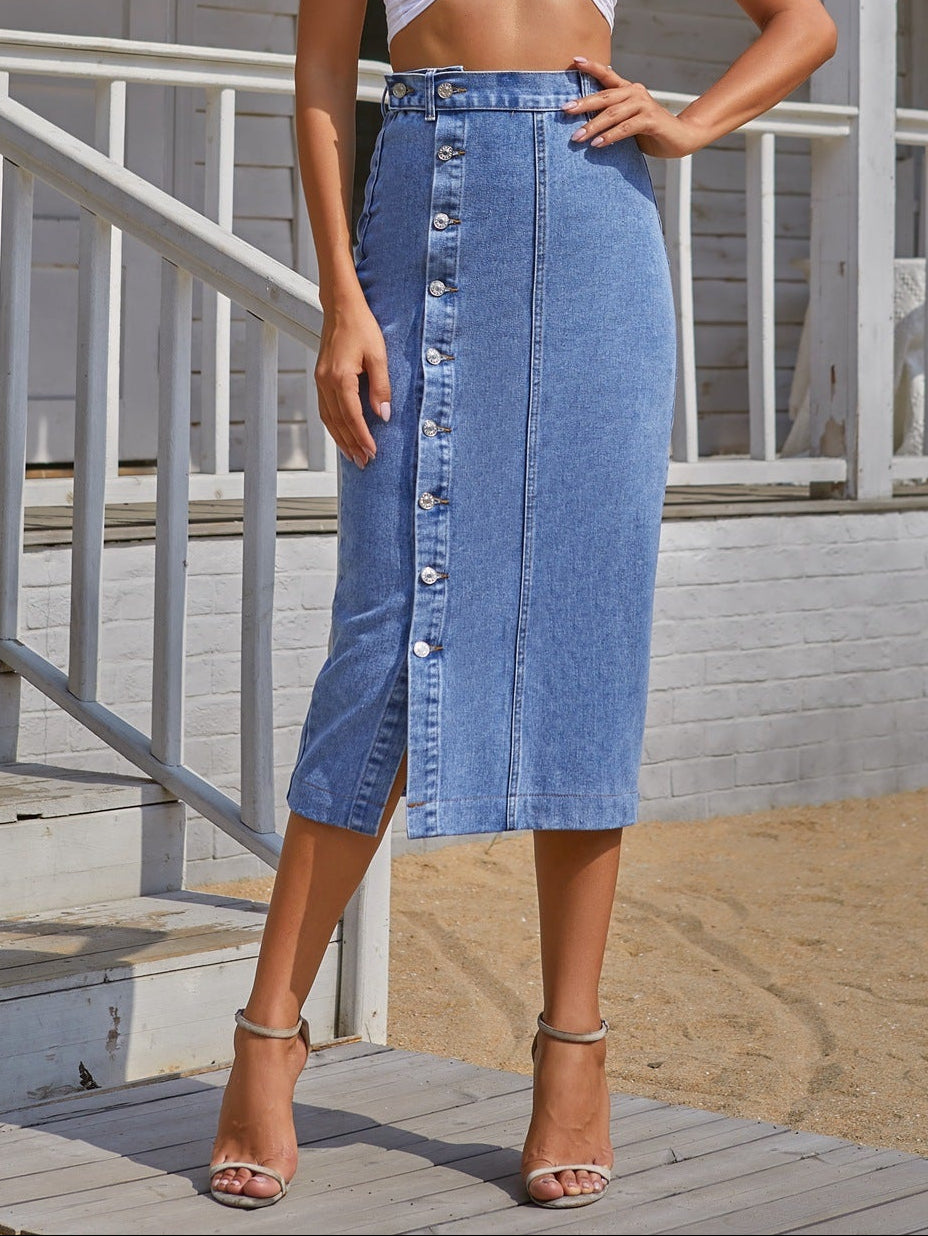 Exclusive Women's High Waist Denim Midi Skirt ? Button Front Irregular Slit A-Line Jean Skirt ? Blue ? Size XS ? Back View