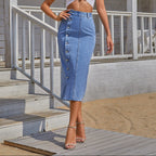Exclusive Women's High Waist Denim Midi Skirt ? Button Front Irregular Slit A-Line Jean Skirt ? Blue ? Size XS ? Top View