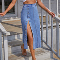 Exclusive Women's High Waist Denim Midi Skirt ? Button Front Irregular Slit A-Line Jean Skirt ? Blue ? Size XS ? Front View