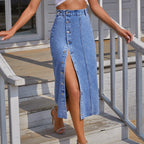 Exclusive Women's High Waist Denim Midi Skirt ? Button Front Irregular Slit A-Line Jean Skirt ? Blue ? Size XS ? Front View