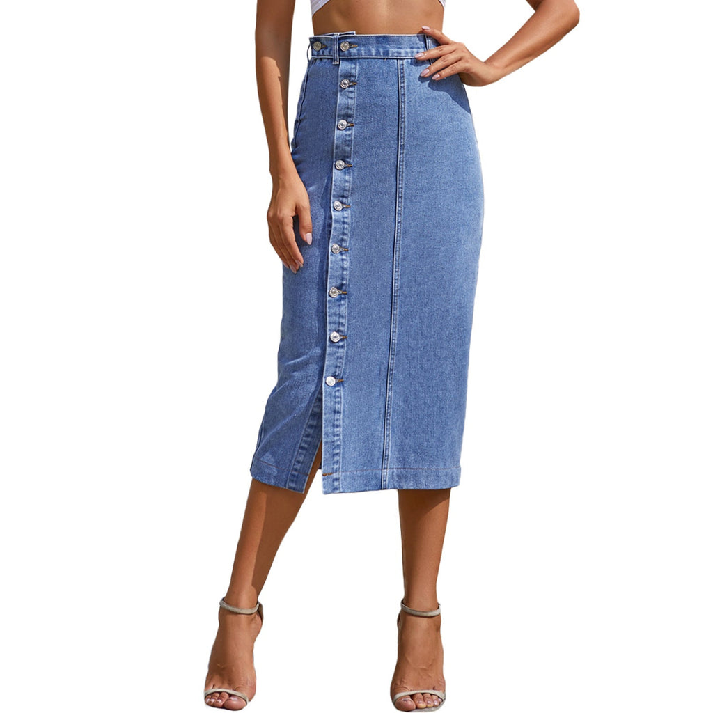 Exclusive Women's High Waist Denim Midi Skirt ? Button Front Irregular Slit A-Line Jean Skirt ? Blue ? Size XS ? Detail View