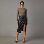 Exclusive Women's Faux Leather Midi Skirt ? High-Slit Hip-Hugging Zip Skirt ? Black ? Size S ? Back View