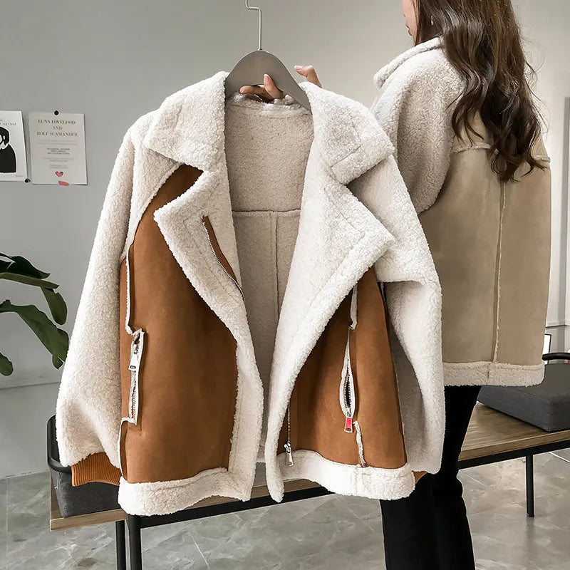 Exclusive Women’s Faux Suede Jacket – Short Moto-Style Coat in Beige & Khaki — Beige — Size 2XL — Back View