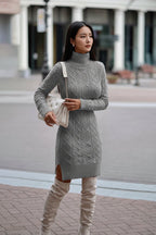 Exclusive Women's Turtleneck Knit Sweater Dress ? Slit Hem Long Pullover ? Grey ? Size S ? Top View