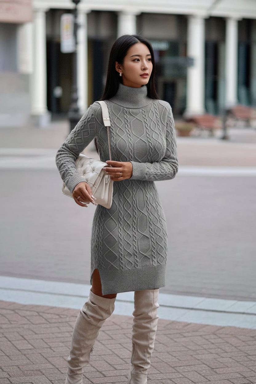 Exclusive Women's Turtleneck Knit Sweater Dress ? Slit Hem Long Pullover ? Grey ? Size S ? Top View