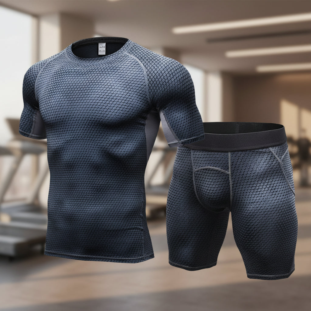 Exclusive Men's Compression Gym Set ? Muscle Fit Athletic Shirt, Shorts & Leggings ? Blue ? Size XL ? Width Long ? Side View