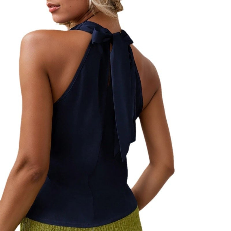 Exclusive Women's Halter Neck Backless Sleeveless Vest Top ? Solid Colour Swing Collar Shirt ? Black ? Size S ? Side View