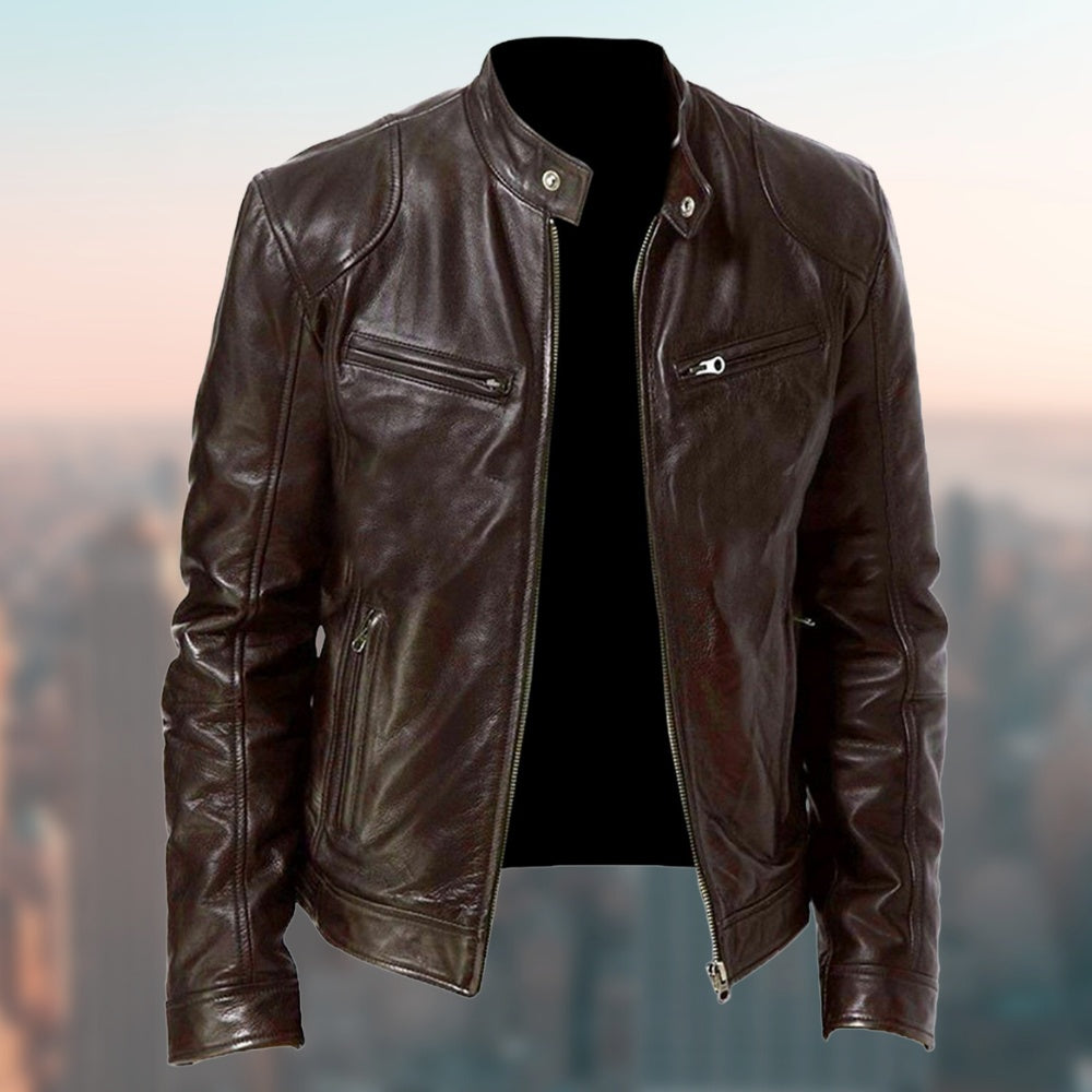 Exclusive Men's PU Leather Jacket ? Zip-Up Cardigan Style with Patch Pockets ? Khaki ? Size S ? Lifestyle View