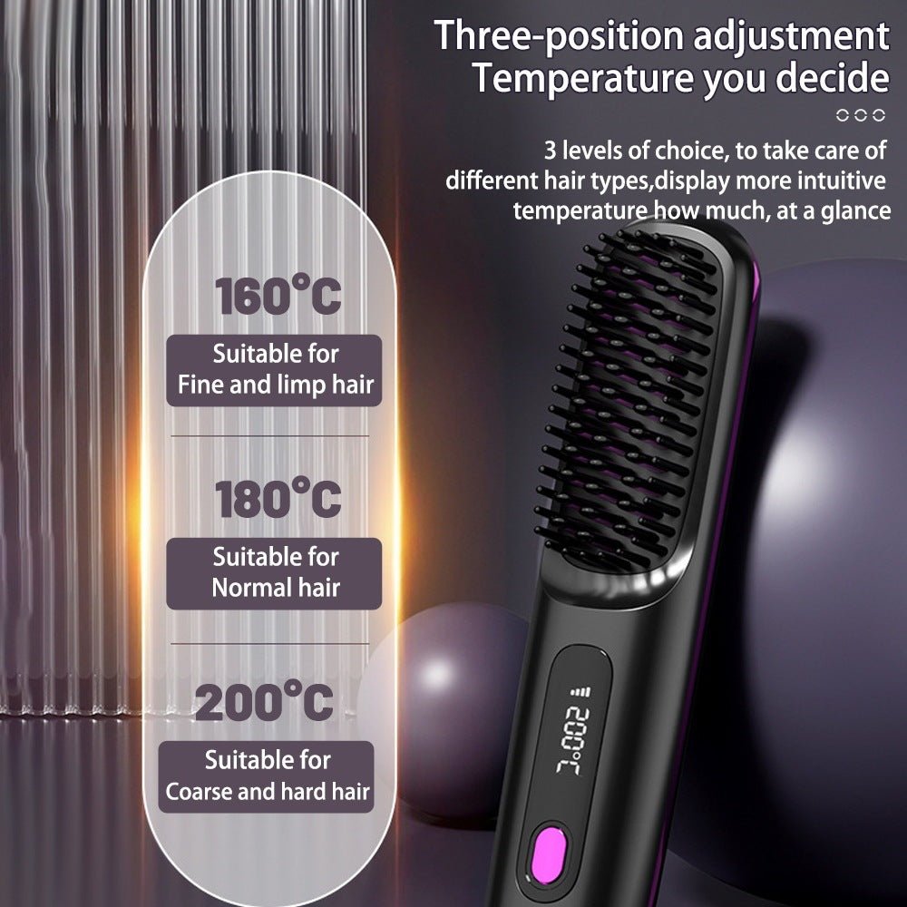 Exclusive 2 In 1 Straight Hair Comb | Heated Flat Iron Brush — LCD Black English — Side View