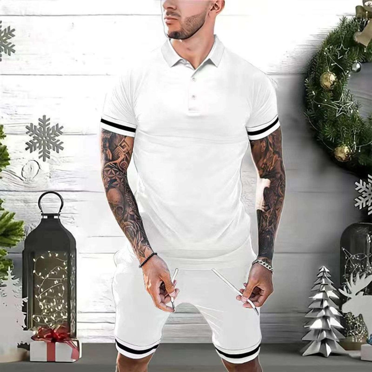 Exclusive 2 Piece Outfits Polo Shirt Fashion Summer — Black — Size 2XL — Back View