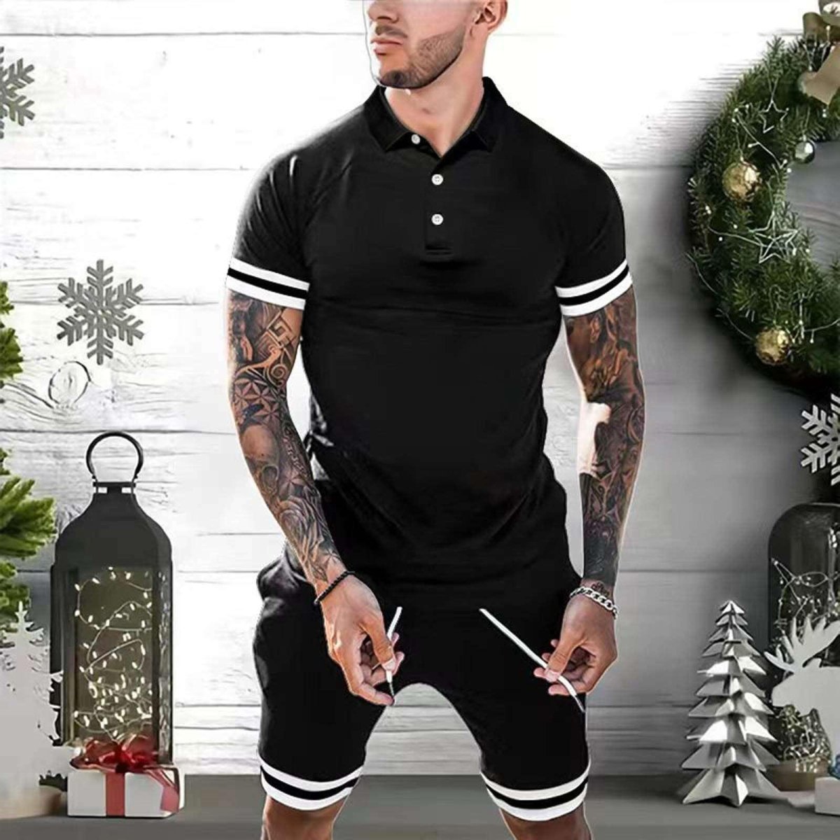 Exclusive 2 Piece Outfits Polo Shirt Fashion Summer — Black — Size 2XL — Top View