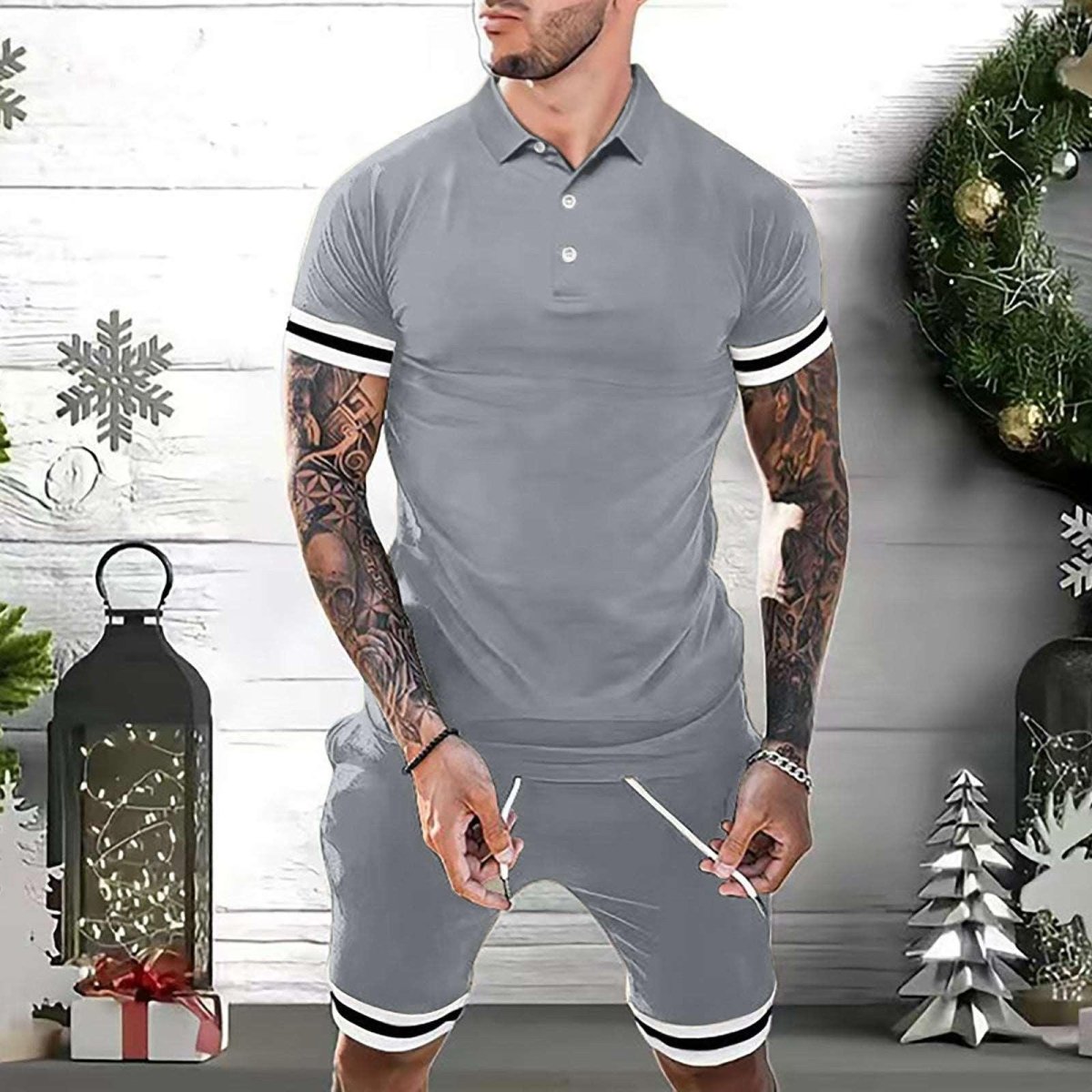 Exclusive 2 Piece Outfits Polo Shirt Fashion Summer — Black — Size 2XL — Detail View