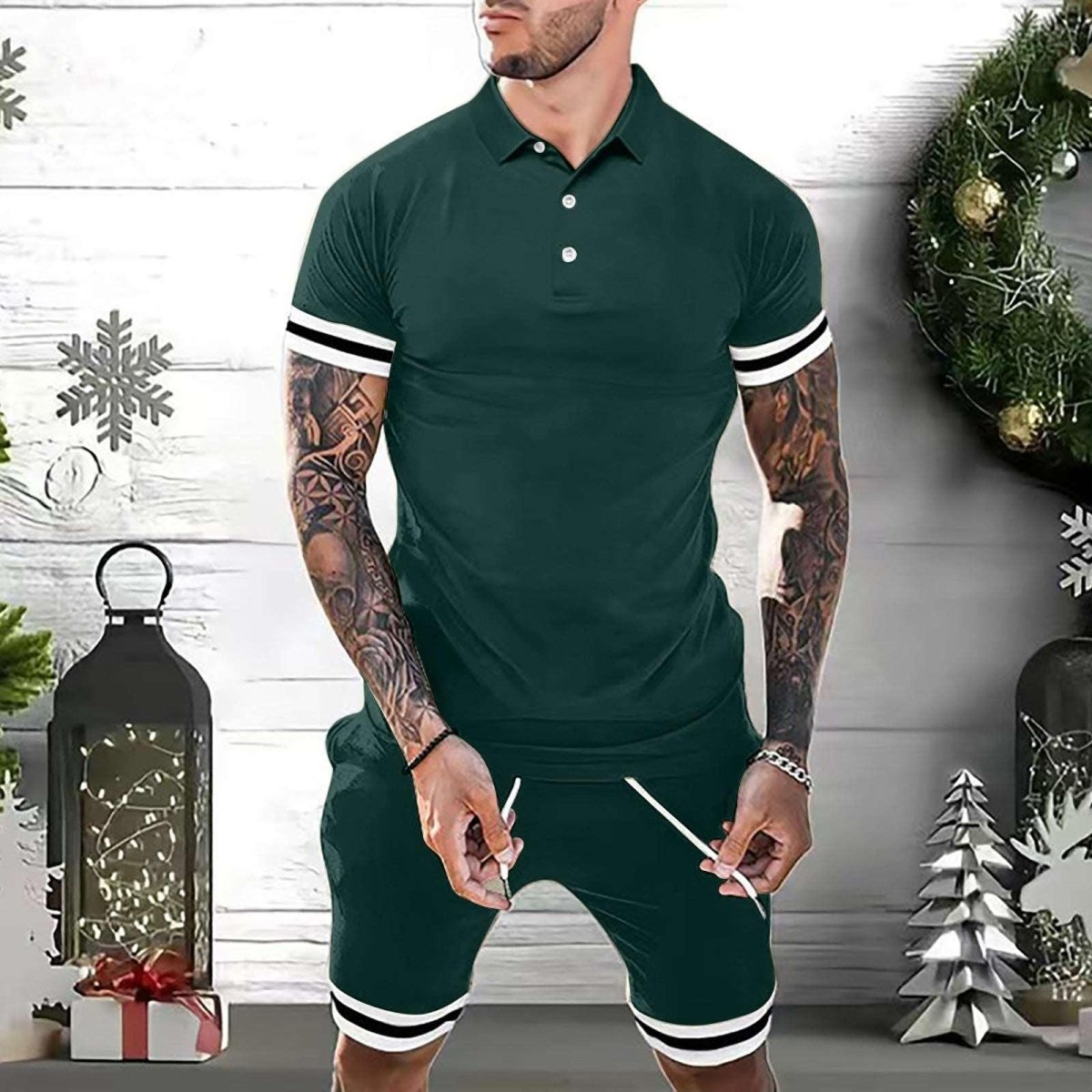 Exclusive 2 Piece Outfits Polo Shirt Fashion Summer — Black — Size 2XL — Side View