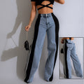 Exclusive High Waist Elastic Waist Straight Leg Trousers — Blue And Black — Size S — Front View