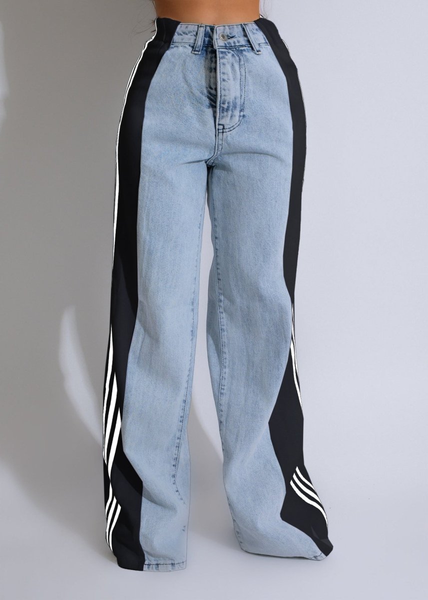 Exclusive High Waist Elastic Waist Straight Leg Trousers — Blue And Black — Size S — Alternate View 12
