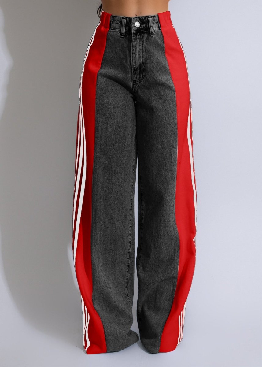 Exclusive High Waist Elastic Waist Straight Leg Trousers — Blue And Black — Size S — Alternate View 9