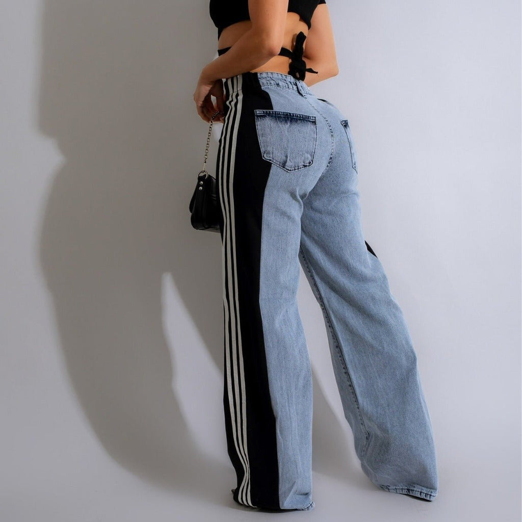 Exclusive High Waist Elastic Waist Straight Leg Trousers — Blue And Black — Size S — Back View
