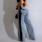 Exclusive High Waist Elastic Waist Straight Leg Trousers — Blue And Black — Size S — Back View
