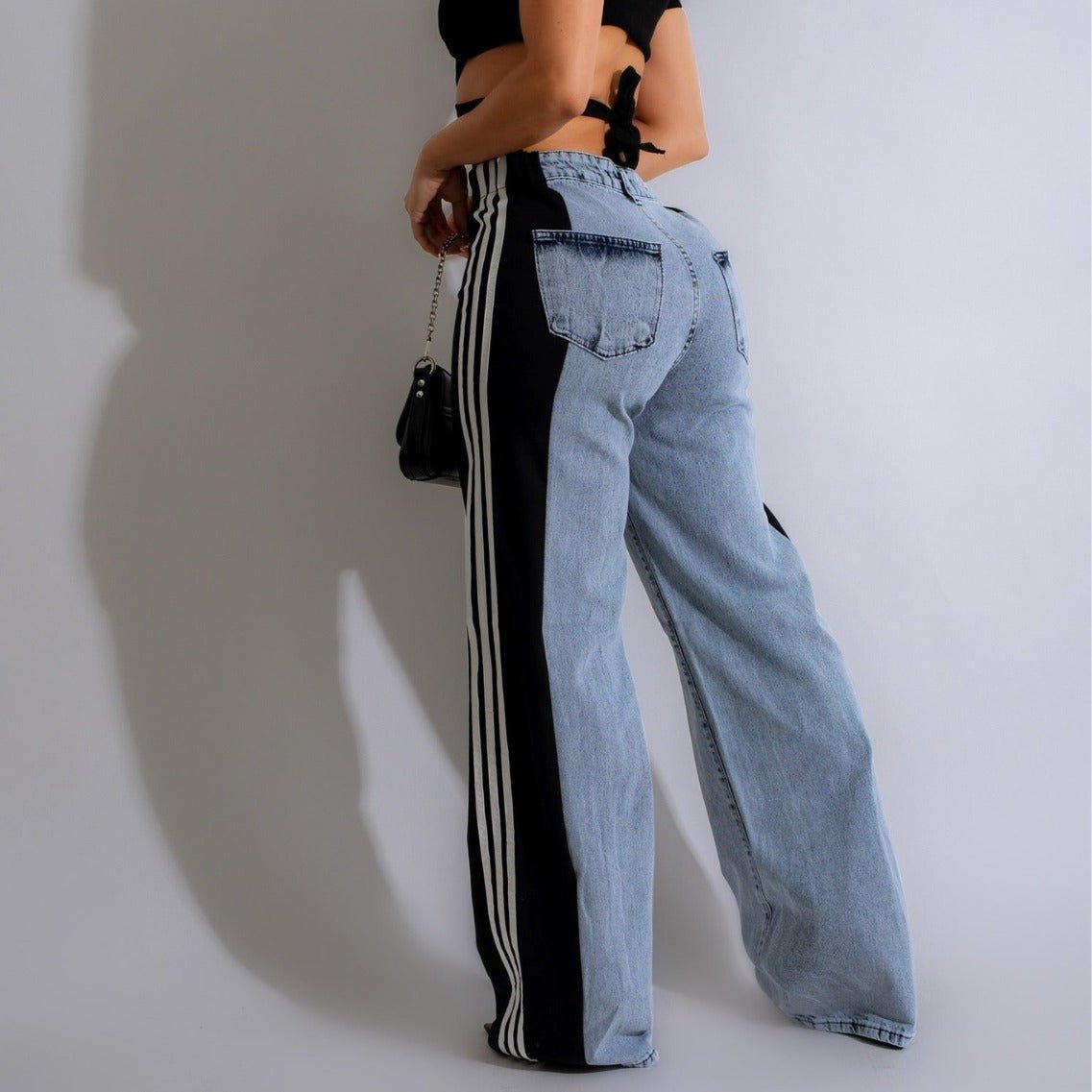 Exclusive High Waist Elastic Waist Straight Leg Trousers — Blue And Black — Size S — Back View