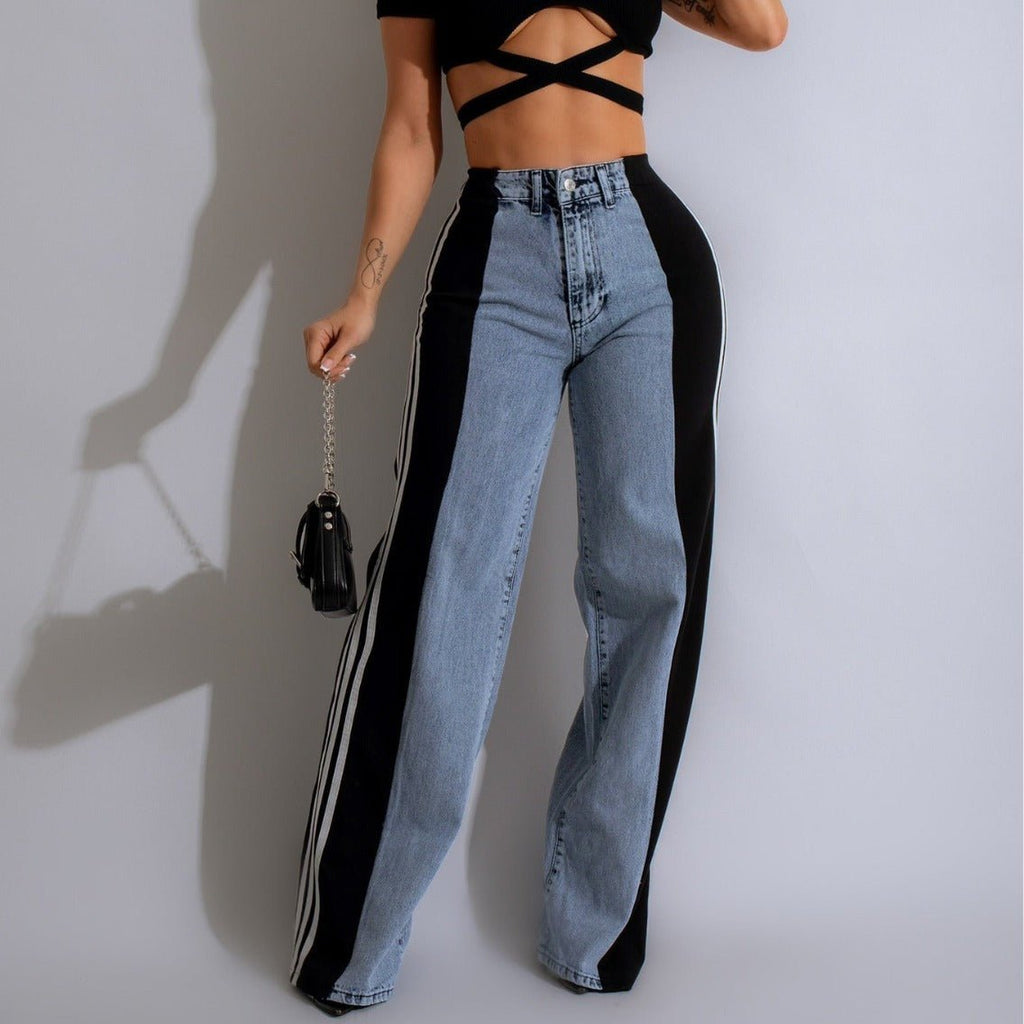Exclusive High Waist Elastic Waist Straight Leg Trousers — Blue And Black — Size S — Side View