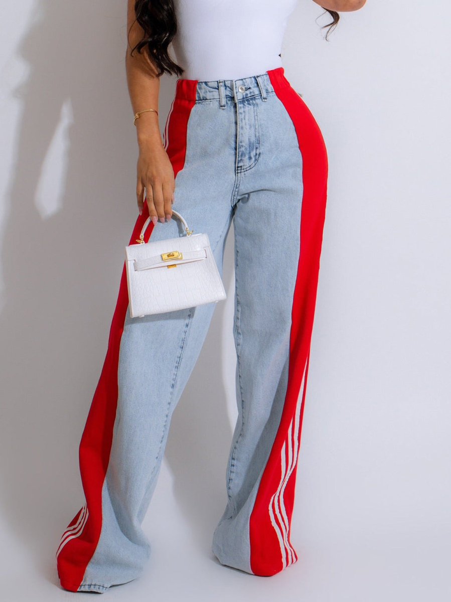 Exclusive High Waist Elastic Waist Straight Leg Trousers — Blue And Black — Size S — Alternate View 14