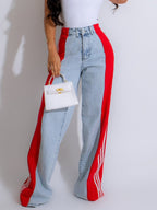 Exclusive High Waist Elastic Waist Straight Leg Trousers — Blue And Black — Size S — Alternate View 14