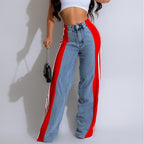 Exclusive High Waist Elastic Waist Straight Leg Trousers — Blue And Black — Size S — Top View