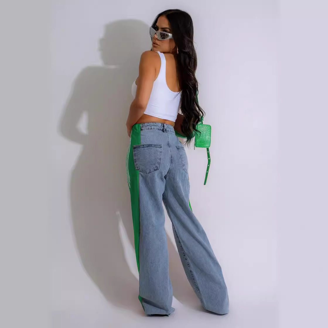 Exclusive High Waist Elastic Waist Straight Leg Trousers — Blue And Black — Size S — Detail View