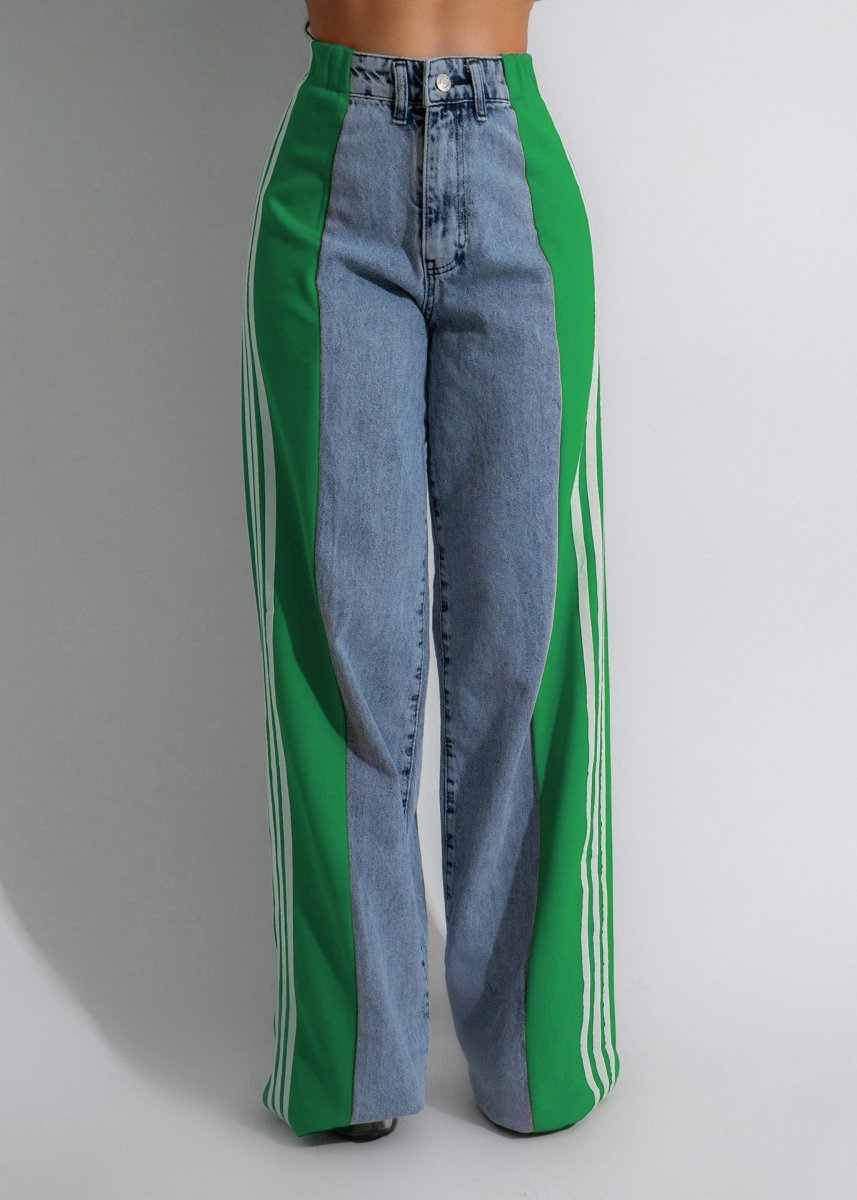 Exclusive High Waist Elastic Waist Straight Leg Trousers — Blue And Black — Size S — Lifestyle View