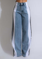 Exclusive High Waist Elastic Waist Straight Leg Trousers — Blue And Black — Size S — Alternate View 7