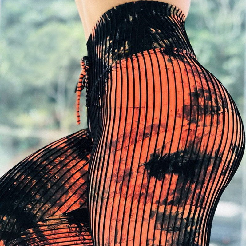 Exclusive Women's Abstract Print High Waist Leggings ? Yoga Fitness Pants ? Beige abstract lines ? Size M ? Lifestyle View