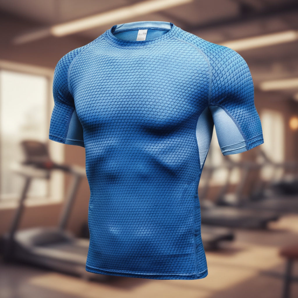Exclusive Men's Compression Gym Set ? Muscle Fit Athletic Shirt, Shorts & Leggings ? Blue ? Size XL ? Width Long ? Back View