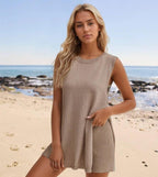 Exclusive Loose Round Neck Split Vest Top And Short — Apricot — Size L — Alternate View 9