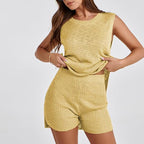 Exclusive Loose Round Neck Split Vest Top And Short — Apricot — Size L — Detail View