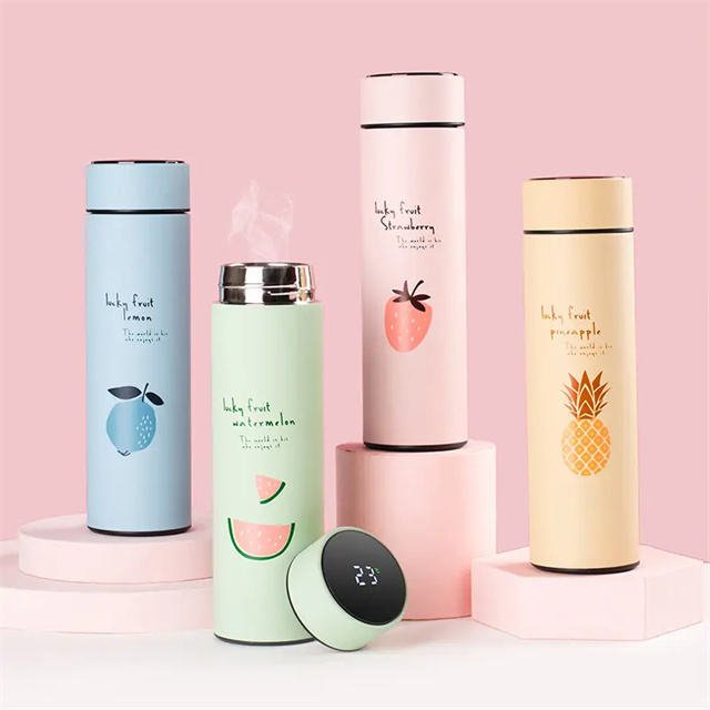 Exclusive Stainless Steel Double-layer Intelligent Display Temperature Cup — Pink — Size 500ml — Front View