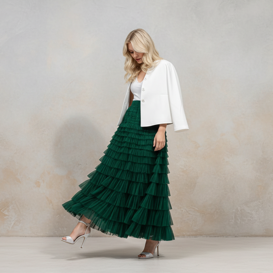 Exclusive Women's Layered Ruffle Mesh Maxi Skirt ? A-Line Tiered Cake Skirt for Party & Summer ? Khaki ? Size S ? Alternate View 14