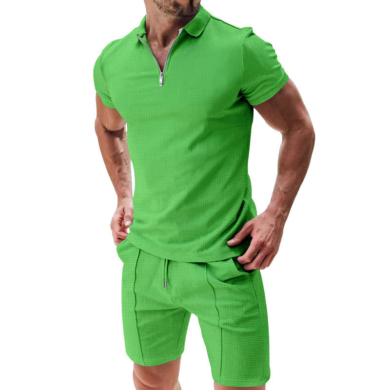 Exclusive Men's 2-Piece Waffle Zipper Lapel Top & Drawstring Shorts Set ? Summer Casual Suit ? White ? Size M ? Alternate View 7