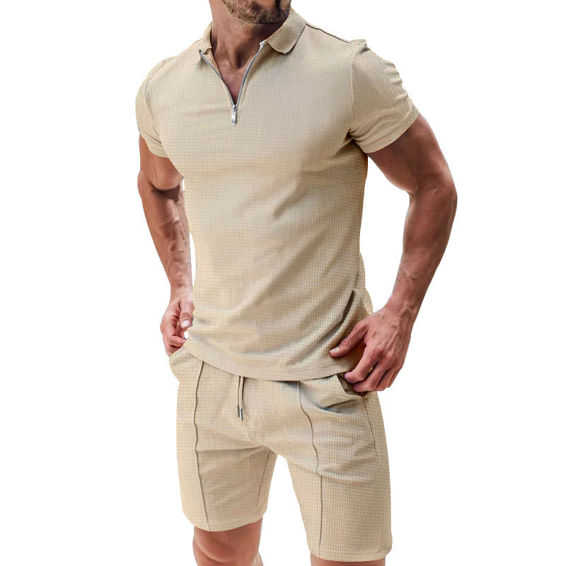 Exclusive Men's 2-Piece Waffle Zipper Lapel Top & Drawstring Shorts Set ? Summer Casual Suit ? White ? Size M ? Detail View