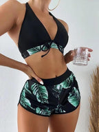 Exclusive 3pcs Leaf Print Bikini With Shorts Fashion Summer Beach Swimsuit Womens Clothing — Blue — Size L — Side View
