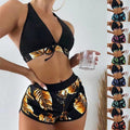 Exclusive 3pcs Leaf Print Bikini With Shorts Fashion Summer Beach Swimsuit Womens Clothing — Blue — Size L — Front View