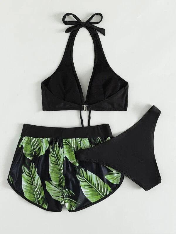 Exclusive 3pcs Leaf Print Bikini With Shorts Fashion Summer Beach Swimsuit Womens Clothing — Blue — Size L — Alternate View 8